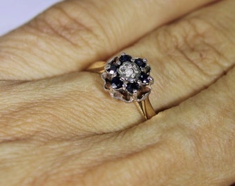9ct 9k Yellow Gold Natural Sapphire Diamond Cluster Ring Size 5 3/4 - L