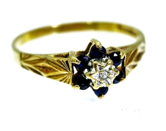 9ct 9k Gold Sapphire Diamond Cluster Ring Size 5 3/4 - L