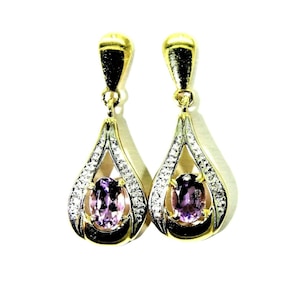 9ct 9k Gold Amethyst Diamond Drop Earrings