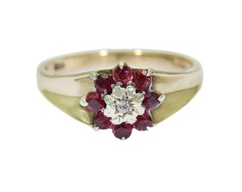 9ct 9k Yellow Gold Natural Ruby Diamond Cluster Ring Size 6 3/4 - N