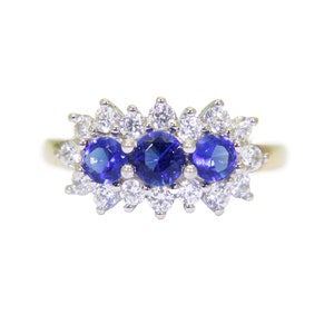 9ct 9k Gold Blue & Clear Cubic Zirconia Trilogy Cluster Ring Size 5 3/4 - L