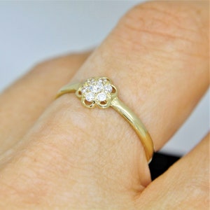 May include: A gold ring with a cluster of small diamonds set in a flower-shaped design.