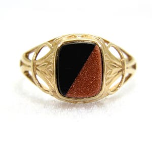 9ct 9k Gold Vintage Onyx Goldstone Signet Ring Size 7 3/4 - P