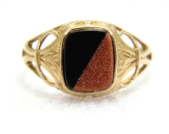 9ct 9k Gold Vintage Onyx Goldstone Signet Ring Size 7 3/4 - P