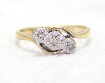 Anello trilogy vintage in oro 9 carati e platino con diamanti, misura 5 3/4 - L