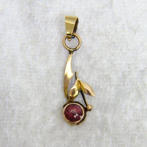 Antique 9ct 9k Rose & Yellow Gold Rubellite Flower Bud Leaf Pendant
