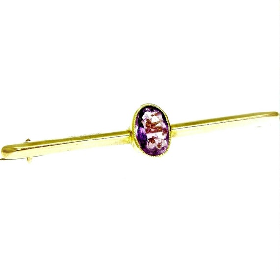 Edwardian 9ct 9k Gold Amethyst Bar Brooch - image 1