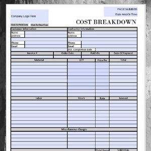 Construction Project Cost Breakdown Template Simple Minimal Editable Downloadable Printable Form Small Business Fill In PDF -Black and White