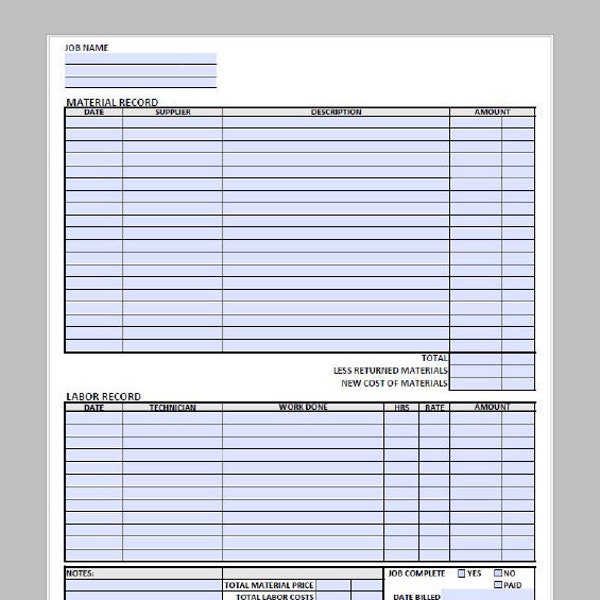 Labor Costing Sheet Etsy