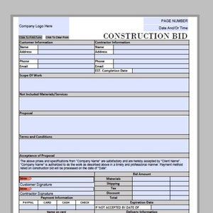 NEW Construction Project Bid Proposal Payment Section Form Template Editable Downloadable Printable Business Fill In PDF (Black and White)