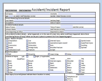 Puede incluir: Un formulario de informe de accidente o incidente imprimible con secciones para detalles sobre el incidente, la persona lesionada y el tratamiento recibido. El formulario incluye casillas de verificación para varios tipos de lesiones, ubicaciones y tratamientos.