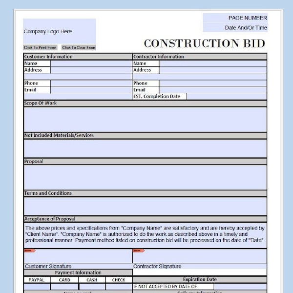 Construction Project Bid Proposal Form Template Simple Minimal Editable Downloadable Printable Small Business Fill In PDF (Black and White)