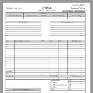 Editable Invoice Template Downloadable Printable Form Small Business Fill In (Black/White)