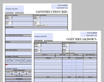 Construction Bid Project Form With Cost Breakdown Template Editable Downloadable Printable Small Business Fill In PDF (Black and White)