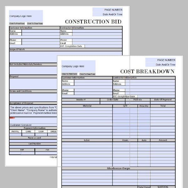 Construction Bid Template Etsy