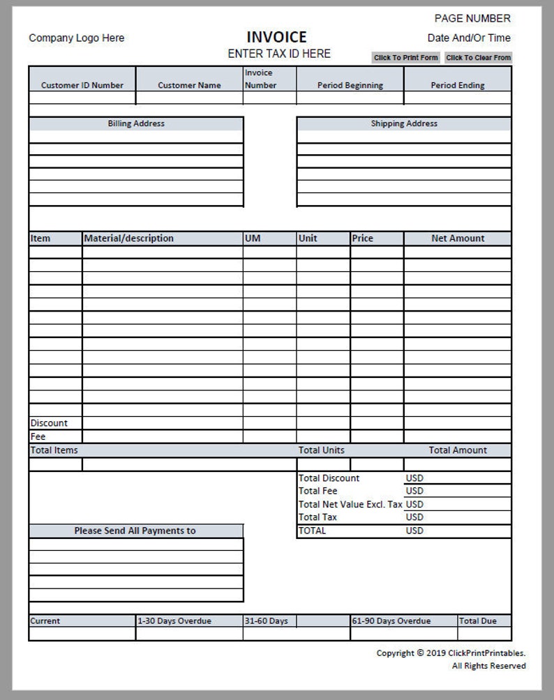 editable invoice template downloadable printable form