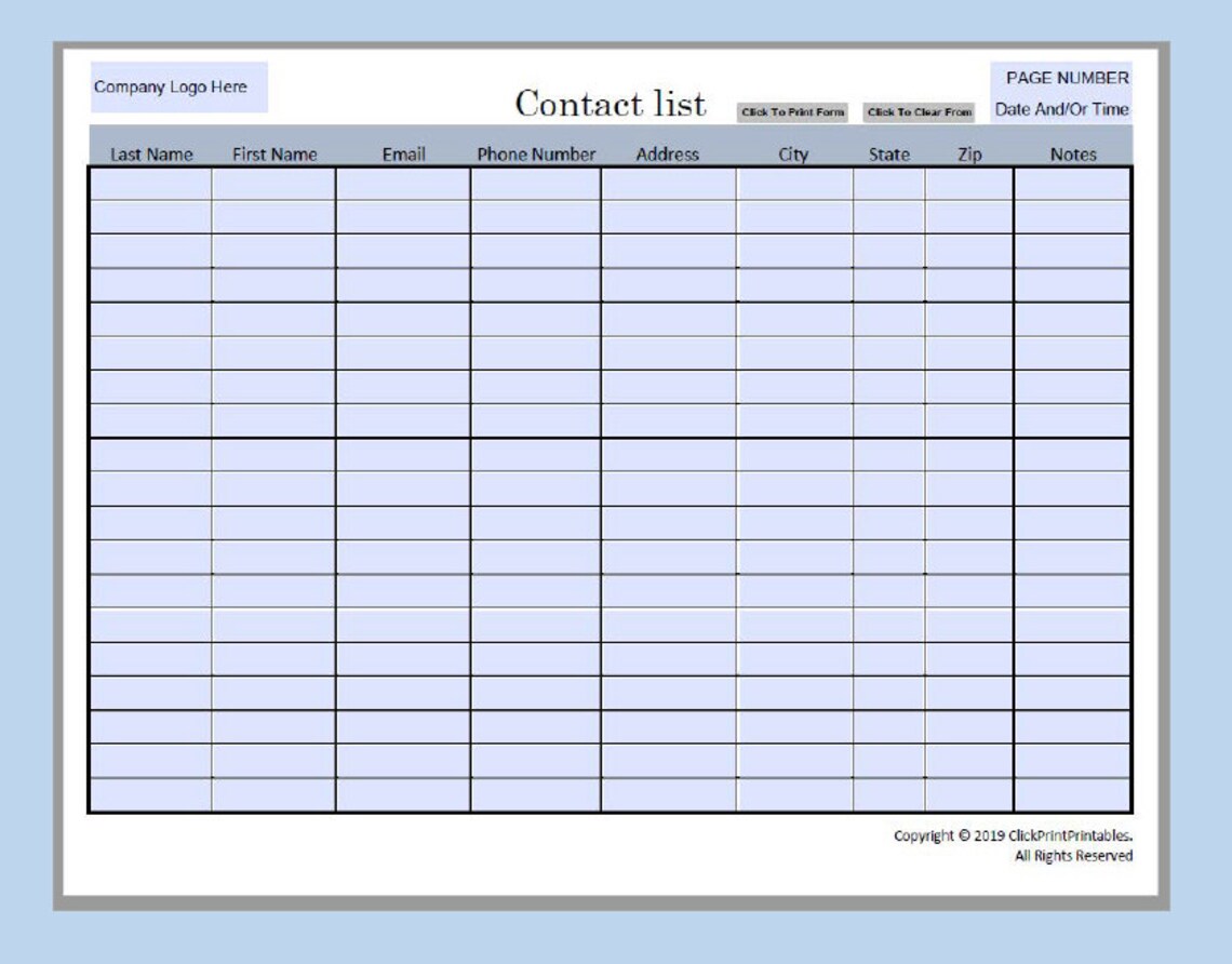 Editable Contact List Template, Printable PDF (dark Blue) - Etsy
