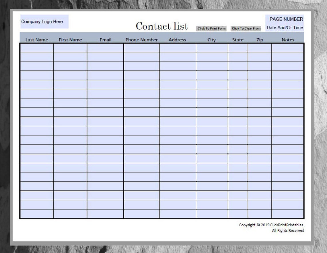 Editable Contact List Template, Printable PDF (dark Blue) - Etsy