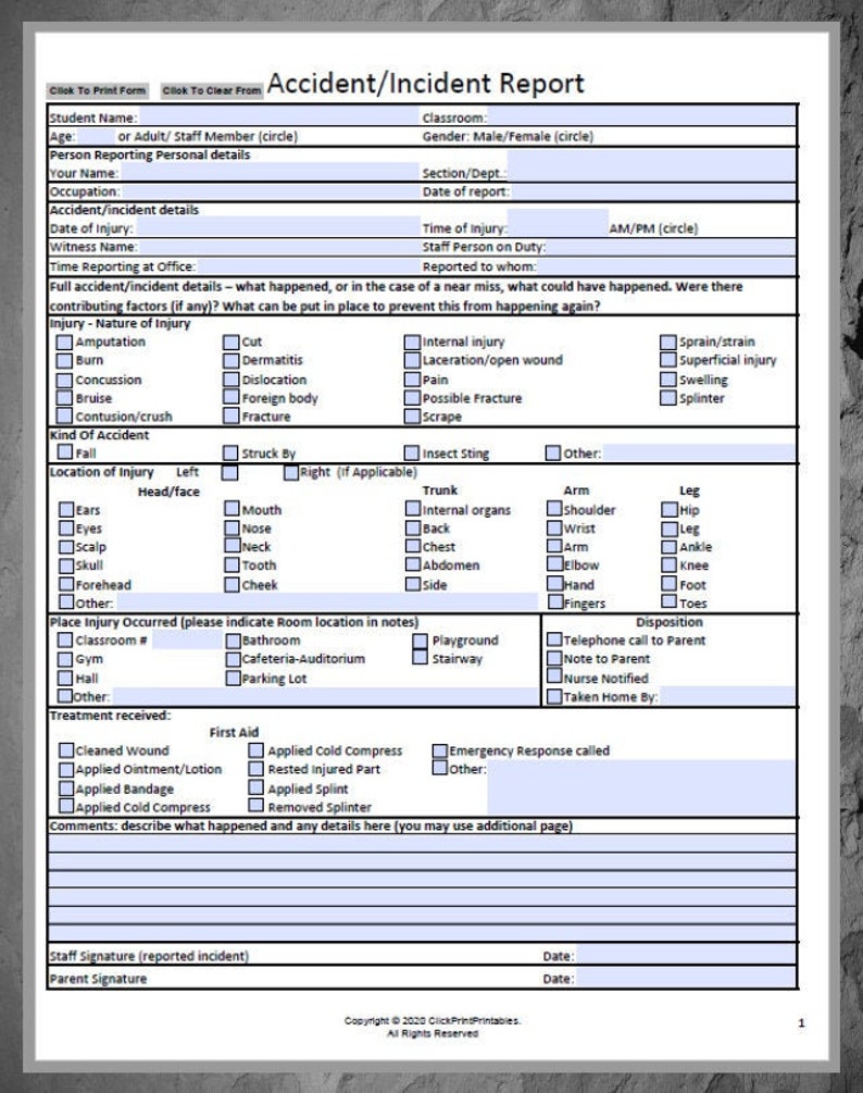 NEW School Accident Incident Report Form Template Editable Downloadable Printable Small Business Fill In PDF Black and White image 1