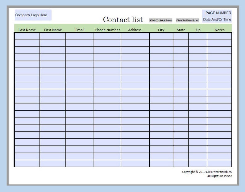 Simple Minimal Editable Contact List Template Downloadable Etsy