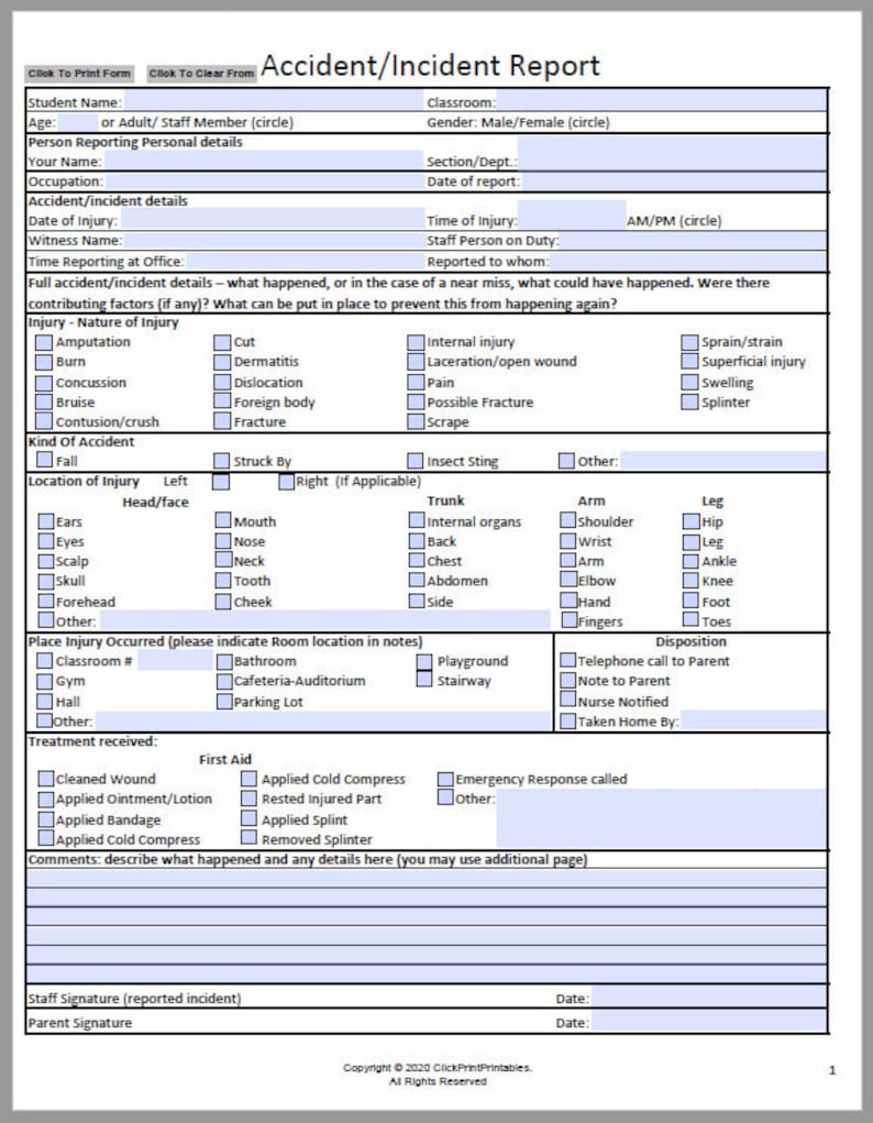 NEW School Accident Incident Report Form Template Editable Downloadable Printable Small Business Fill In PDF Black and White image 4