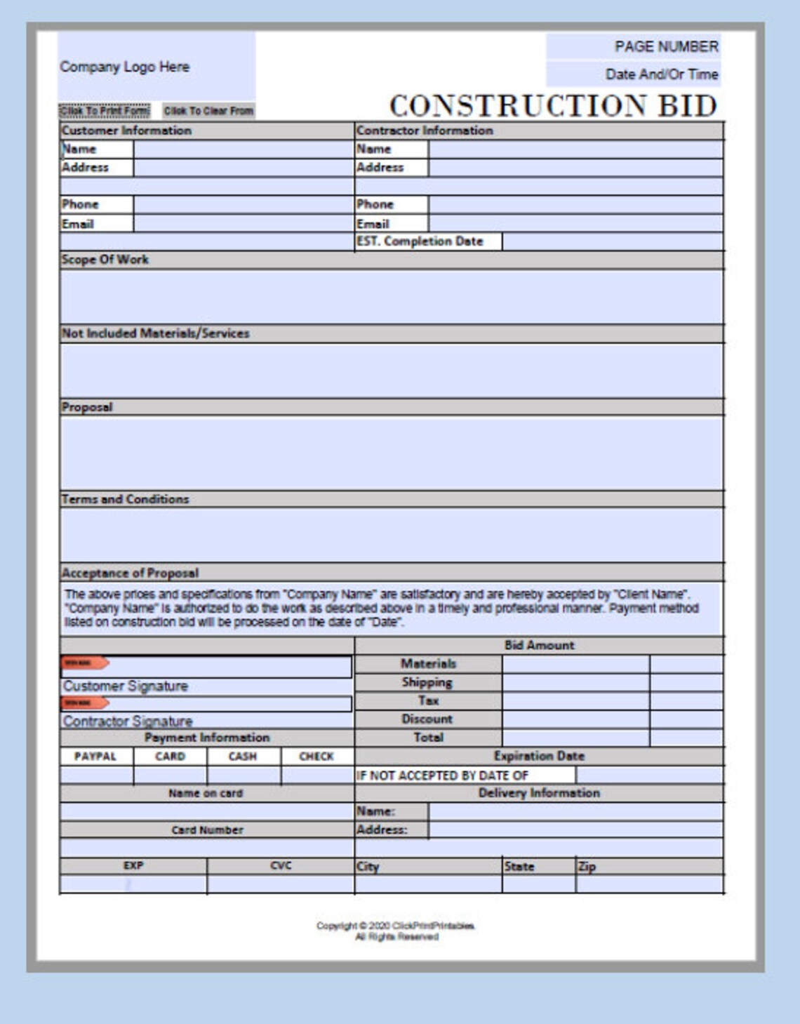 Construction Bid Proposal Template, Fill-in PDF (download) - Etsy