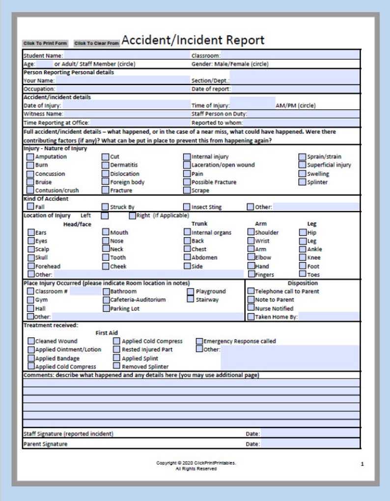 NEW School Accident Incident Report Form Template Editable Downloadable Printable Small Business Fill In PDF Black and White image 2