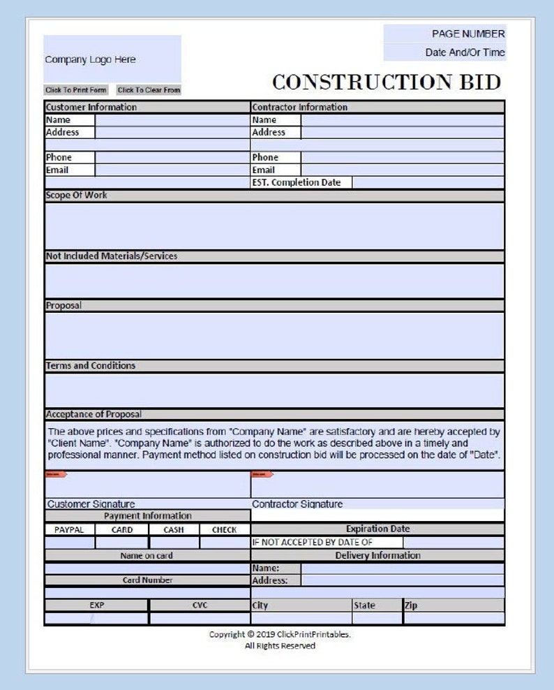 Construction Project Bid Proposal Form Template Simple Minimal Etsy