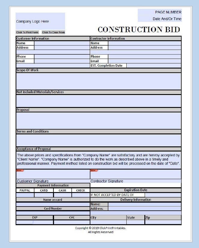 Construction Project Bid Proposal Form Template Simple Minimal Etsy 