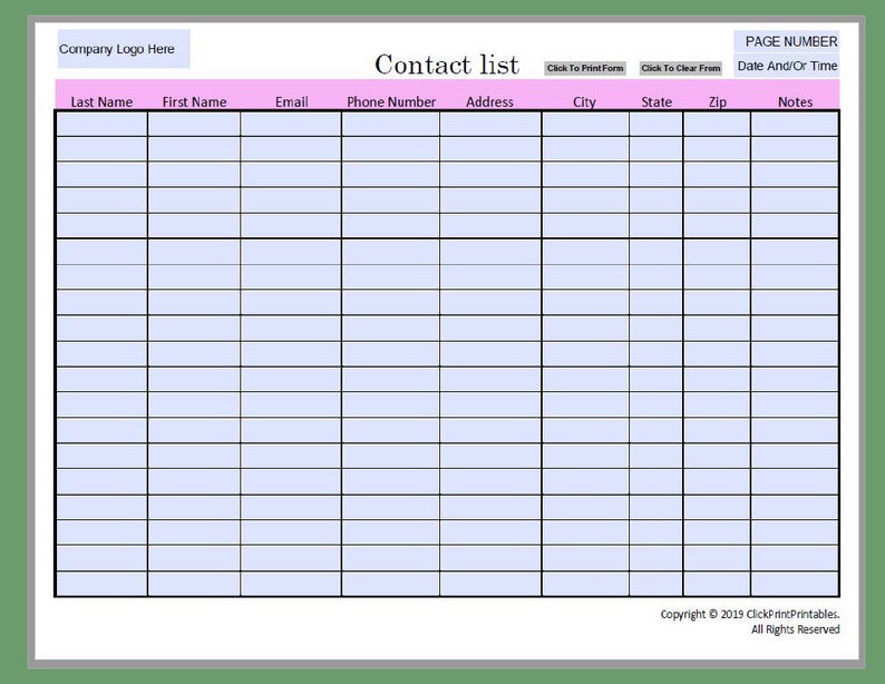 Simple Minimal Editable Contact List Template Downloadable Etsy