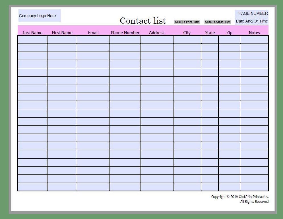 Simple Minimal Editable Contact List Template Downloadable - Etsy