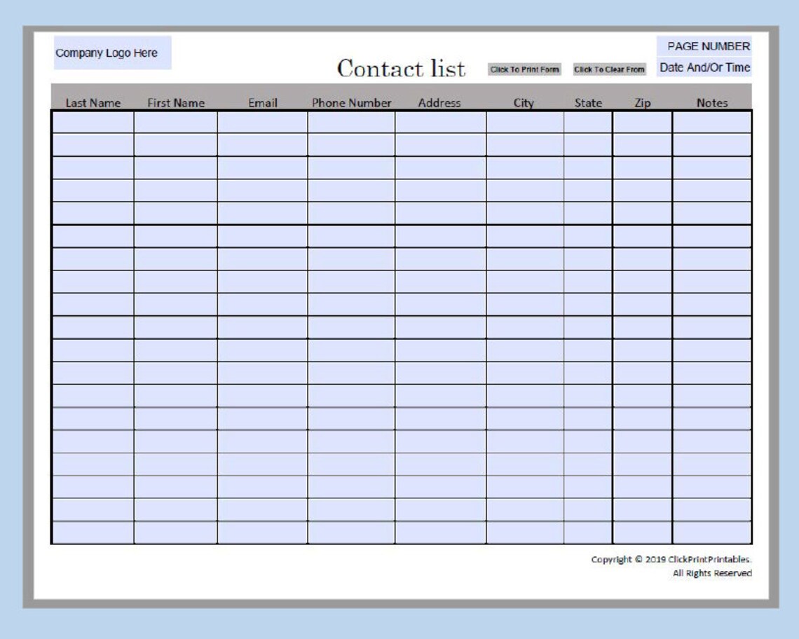 Simple Minimal Editable Contact List Template Downloadable - Etsy