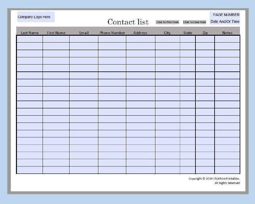 Editable Contact List Template, Printable Small Business Form (PDF) - Etsy