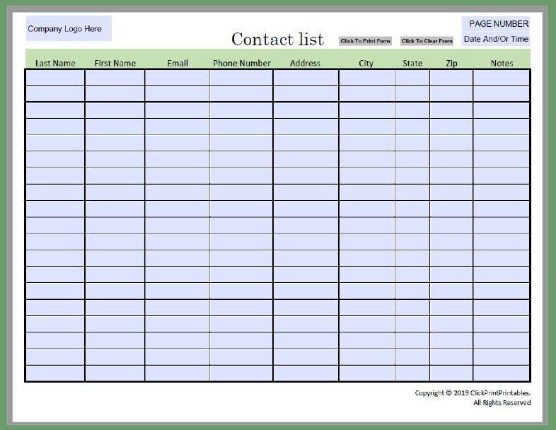 Editable Contact List Template, Printable Fill-in PDF (green) - Etsy