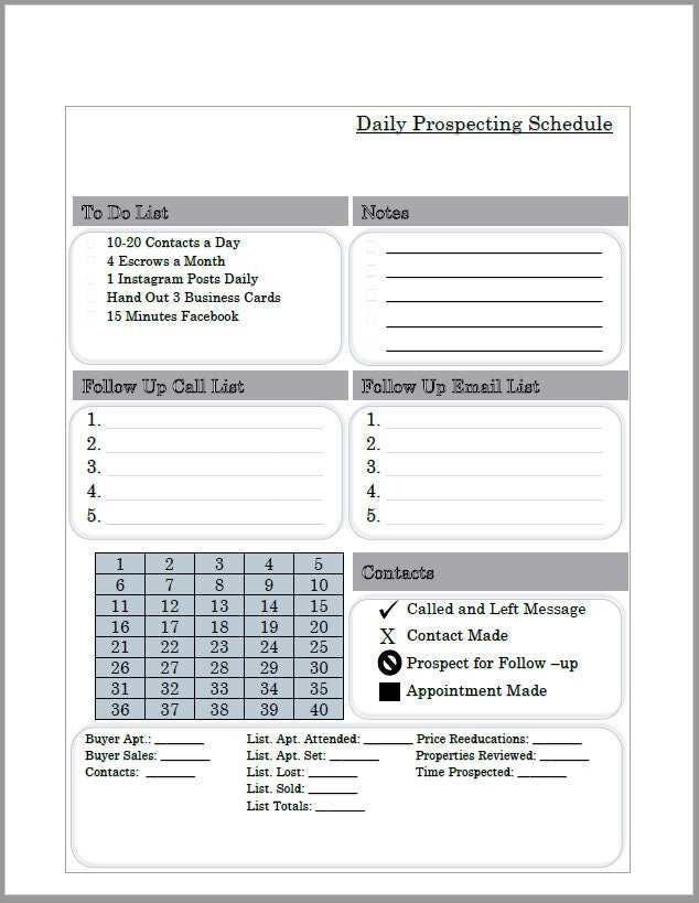 Real Estate Agent Daily Prospecting Schedule Form Tracker New Buyer ...
