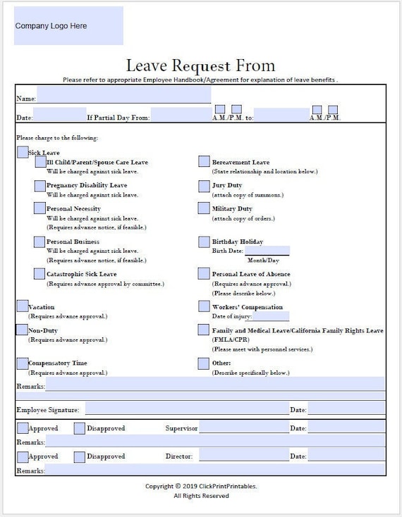 Simple Request for Leave Template Downloadable Printable Form | Etsy