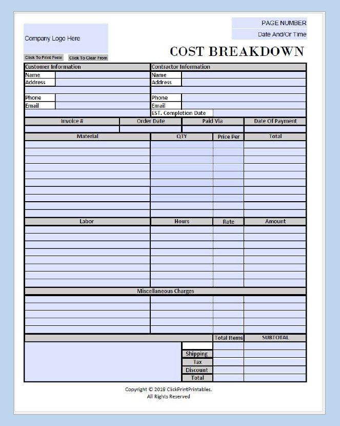 Construction Project Cost Breakdown Template Simple Minimal Editable Downloadable Printable Form ...