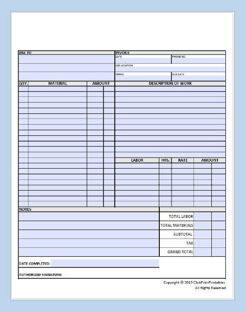 simple minimal editable invoice with labor template etsy