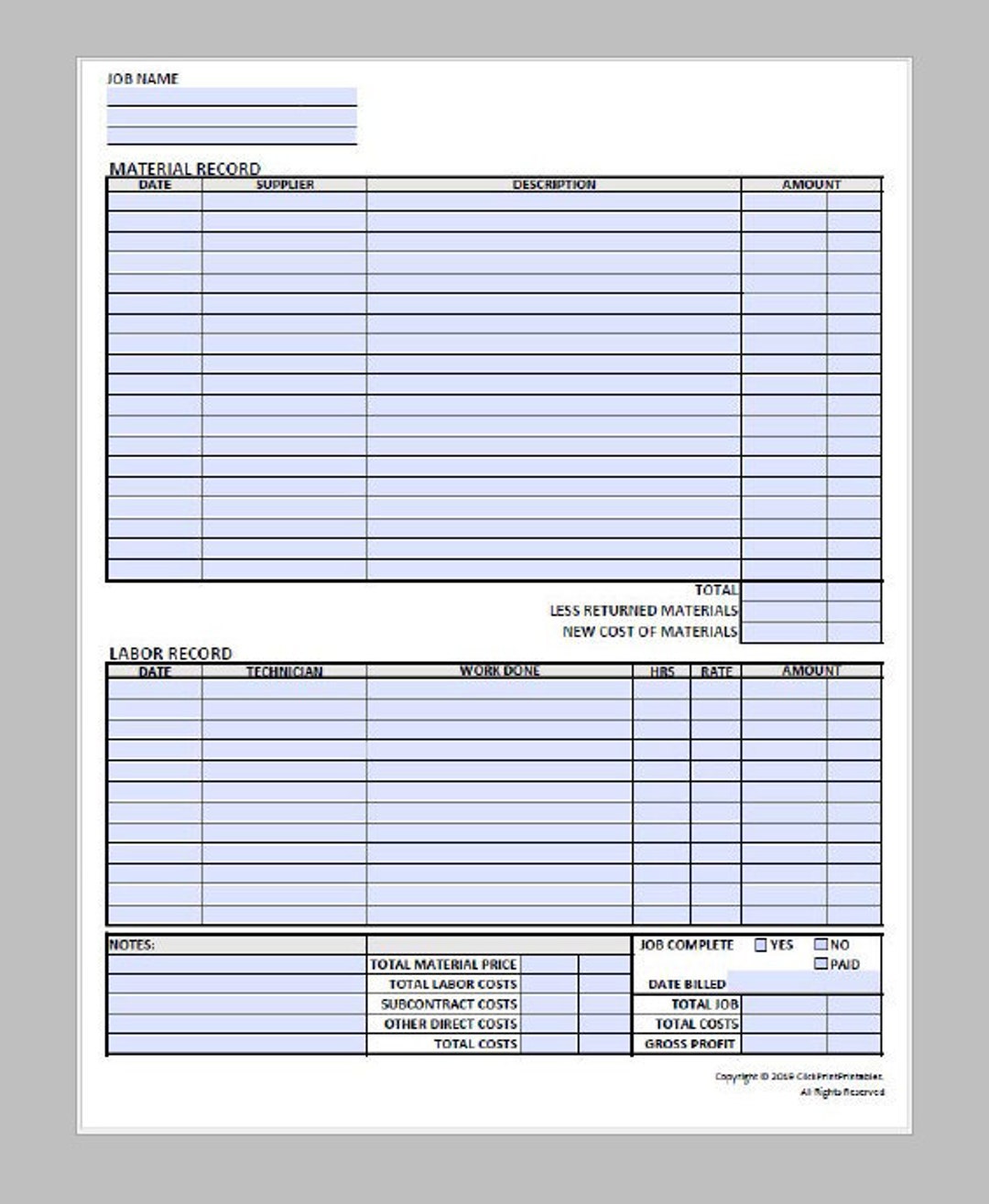 Material and Labor Record Sheet Project Bid Invoice Form Template
