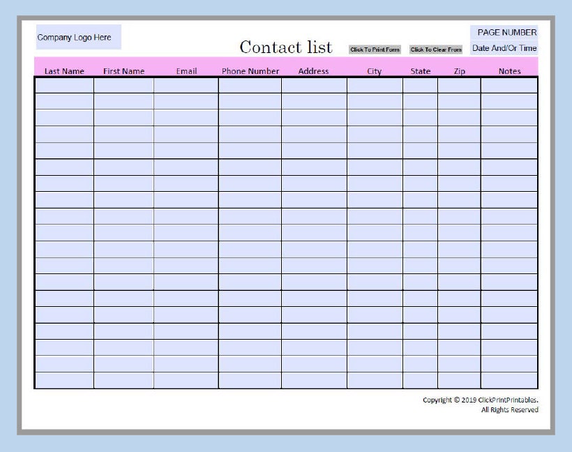 Editable Contact List Template, Printable Small Business Form (PDF) - Etsy