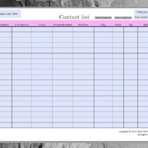 May include: A blank contact list template with columns for last name, first name, email, phone number, address, city, state, zip code, and notes. The template has a light blue background and black lines.
