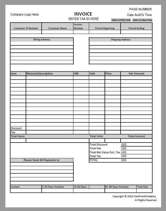 editable invoice template downloadable printable form small etsy