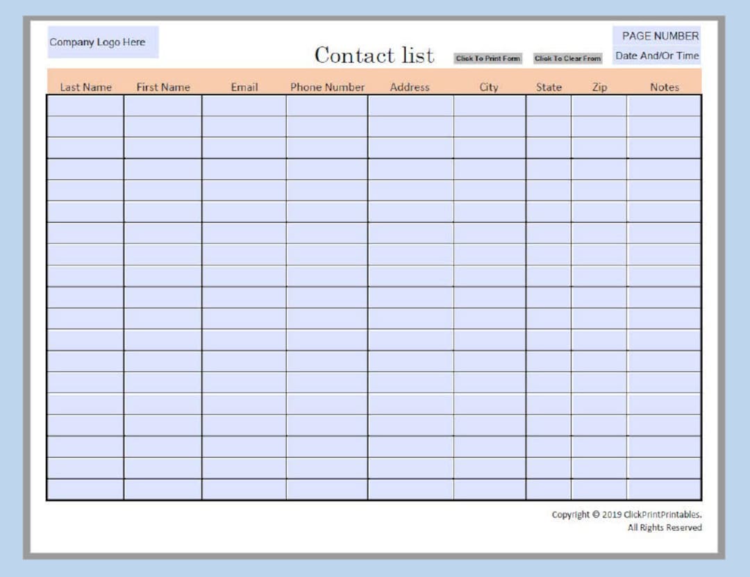 Simple Minimal Editable Contact List Template Downloadable Printable ...