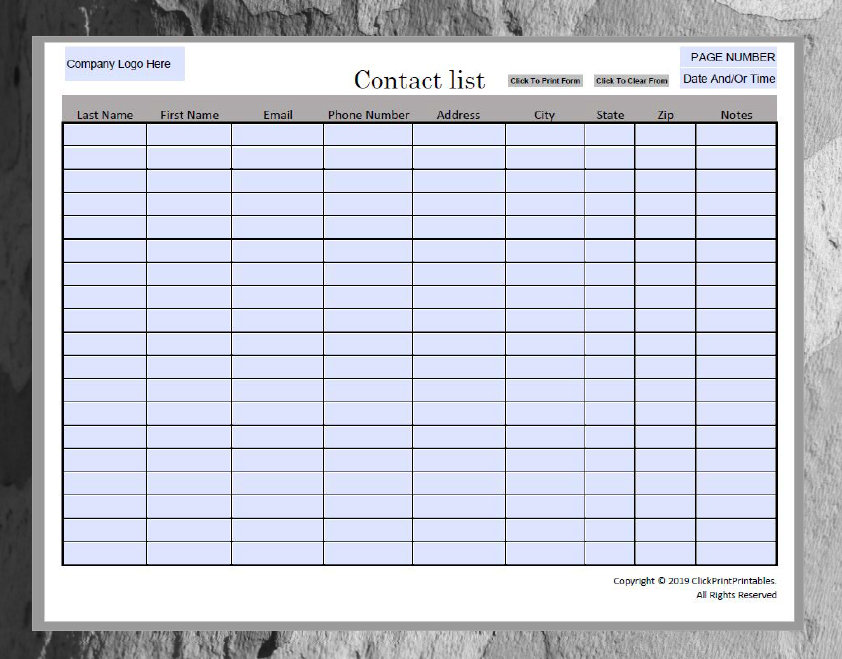 Simple Minimal Editable Contact List Template Downloadable Printable ...