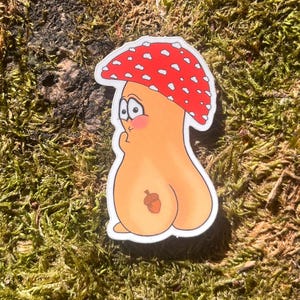 Funny Mushroom Sticker – Cute Vinyl Decal, Whimsical Toadstool, Cottagecore Aesthetic (2” x 1.25”)