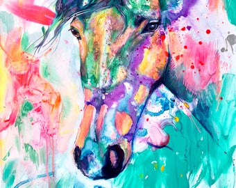 Colorida pintura abstracta de caballos IMPRIMIR en estilo expresivo suelto, paleta de colores de neón brillante y audaz