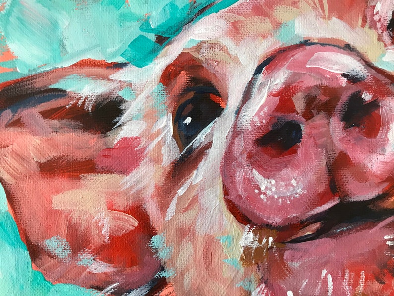 Puede incluir: Pintura de primer plano de la cara de un cerdo. El cerdo tiene la piel rosada, un hocico grande y rosado y un ojo negro. La pintura est&aacute; realizada en un estilo suelto y expresivo con pinceladas visibles.