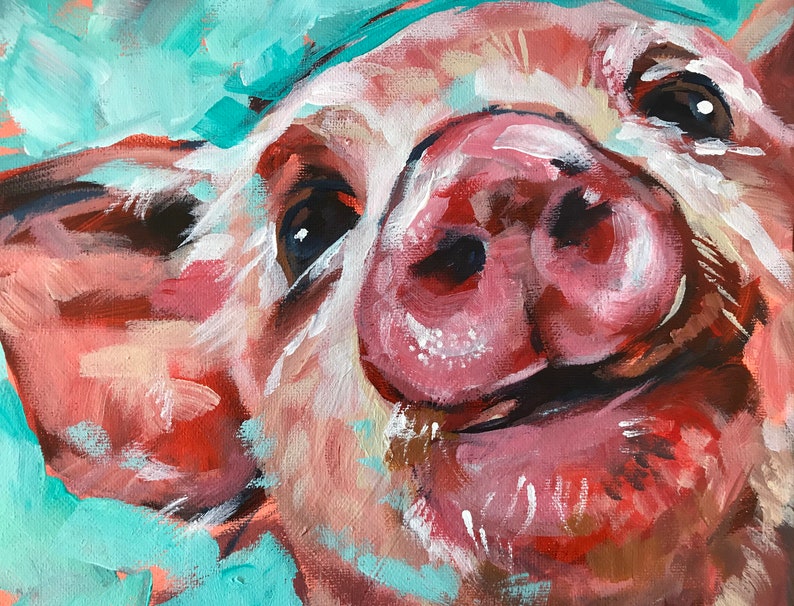 Puede incluir: Una pintura de primer plano de la cara de un lech&oacute;n. El lech&oacute;n tiene un hocico rosado y ojos grandes y oscuros. El fondo es de color azul claro.