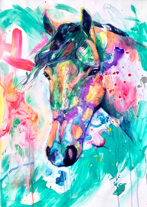 カラフルな抽象的な馬の絵画プリント、ゆるやかな表現スタイル、明るく
