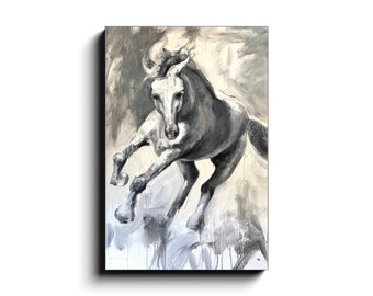 Horse painting on canvas, Print, black and white horse art for home or office